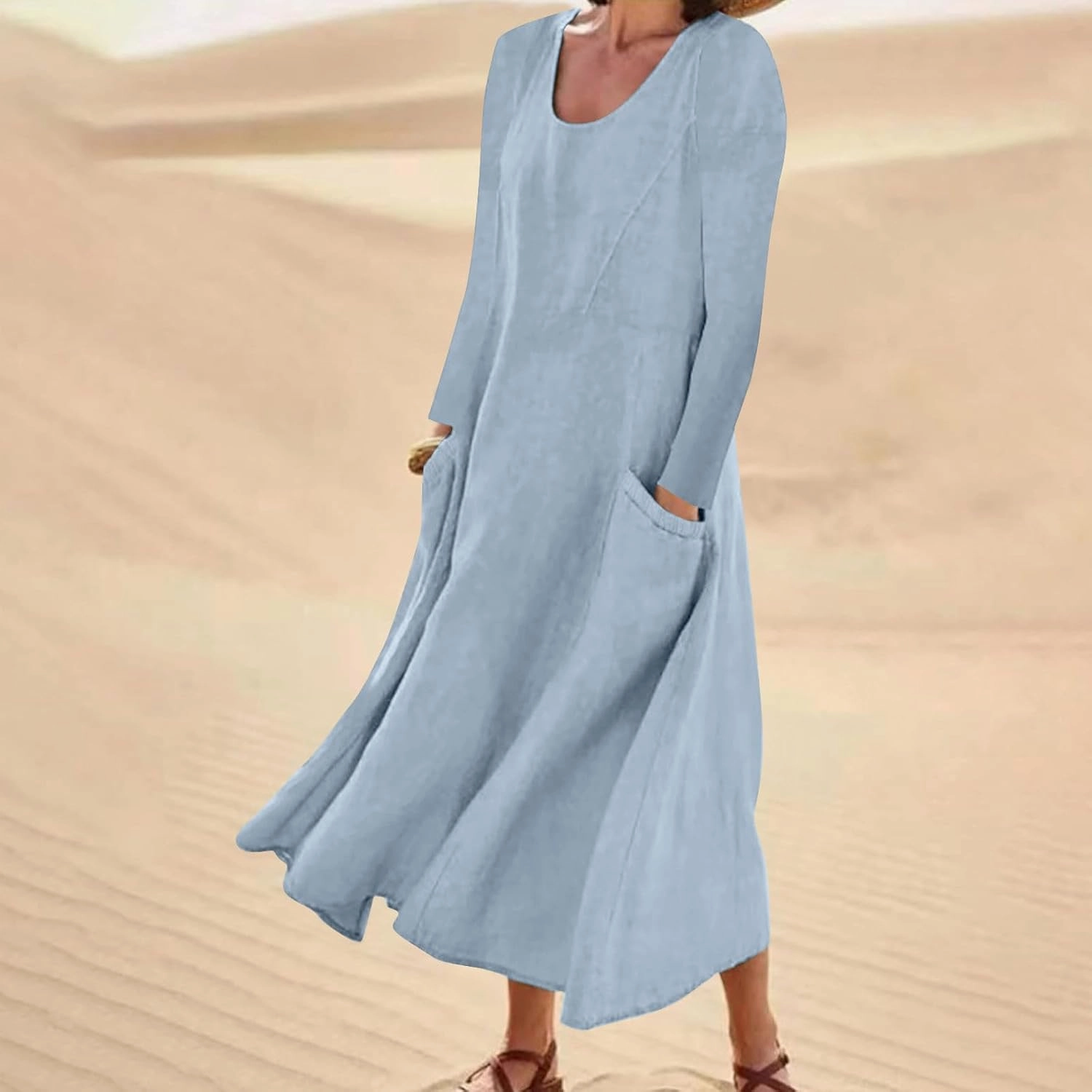 jsaierl Women Summer Cotton Linen Maxi Dress Loose Flowy A Line High Waited Dress with Pockets Long Sleeve Crewneck Dress