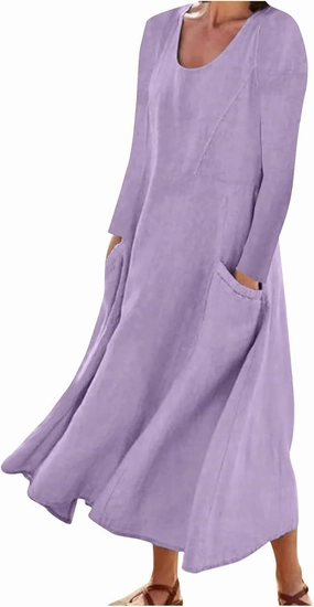 jsaierl Women Summer Cotton Linen Maxi Dress Loose Flowy A Line High Waited Dress with Pockets Long Sleeve Crewneck Dress