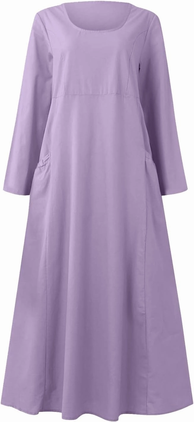 jsaierl Women Summer Cotton Linen Maxi Dress Loose Flowy A Line High Waited Dress with Pockets Long Sleeve Crewneck Dress