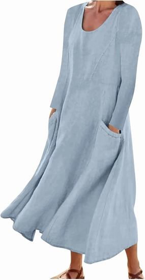 jsaierl Women Summer Cotton Linen Maxi Dress Loose Flowy A Line High Waited Dress with Pockets Long Sleeve Crewneck Dress