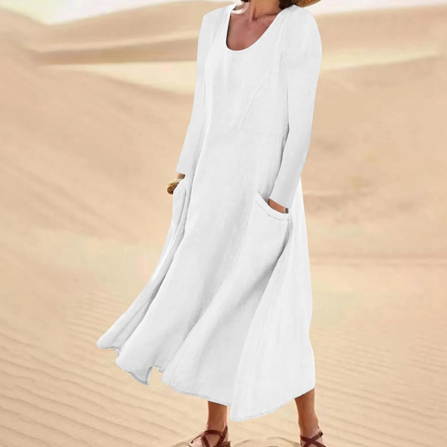 jsaierl Women Summer Cotton Linen Maxi Dress Loose Flowy A Line High Waited Dress with Pockets Long Sleeve Crewneck Dress