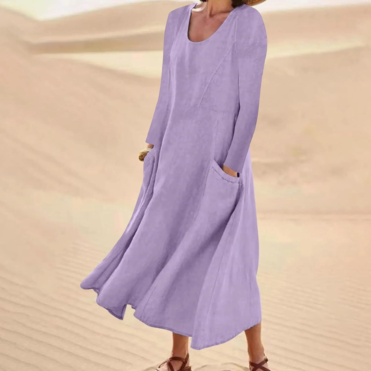 jsaierl Women Summer Cotton Linen Maxi Dress Loose Flowy A Line High Waited Dress with Pockets Long Sleeve Crewneck Dress
