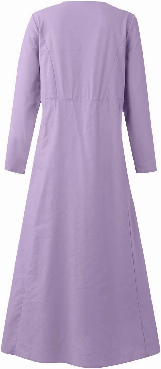 jsaierl Women Summer Cotton Linen Maxi Dress Loose Flowy A Line High Waited Dress with Pockets Long Sleeve Crewneck Dress