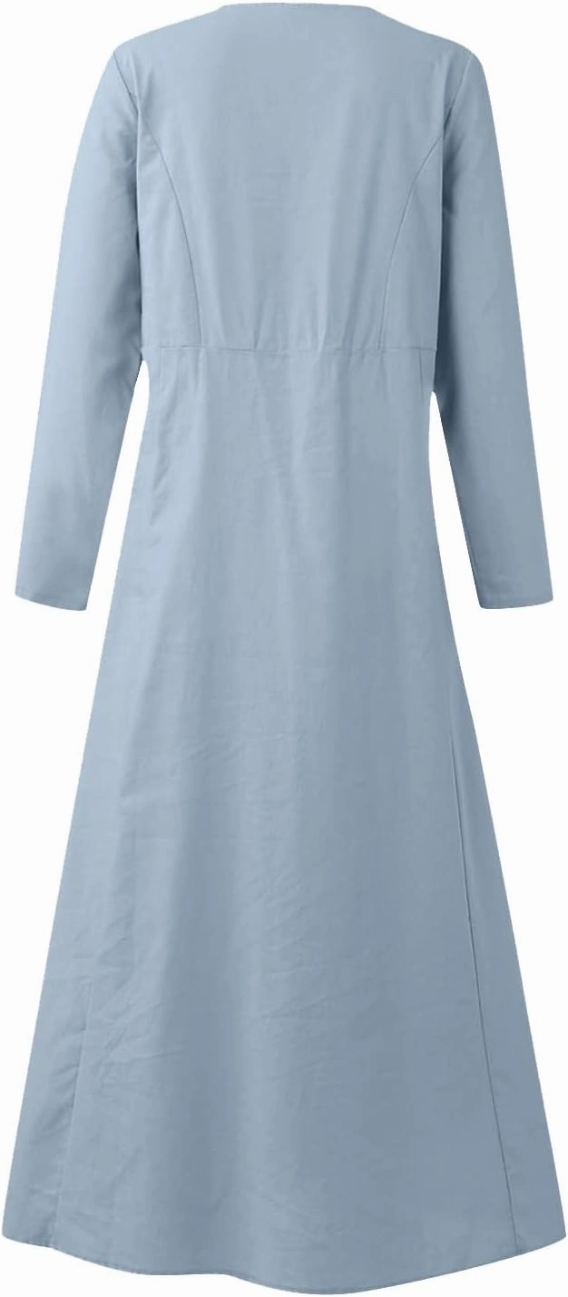 jsaierl Women Summer Cotton Linen Maxi Dress Loose Flowy A Line High Waited Dress with Pockets Long Sleeve Crewneck Dress