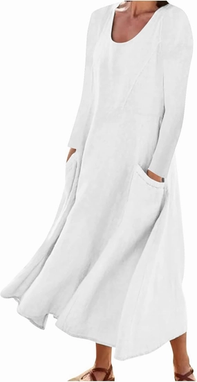 jsaierl Women Summer Cotton Linen Maxi Dress Loose Flowy A Line High Waited Dress with Pockets Long Sleeve Crewneck Dress