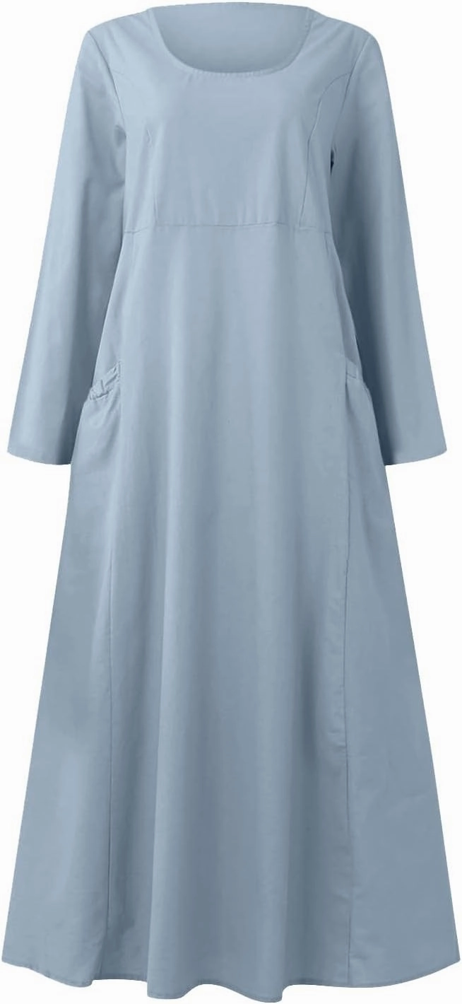 jsaierl Women Summer Cotton Linen Maxi Dress Loose Flowy A Line High Waited Dress with Pockets Long Sleeve Crewneck Dress