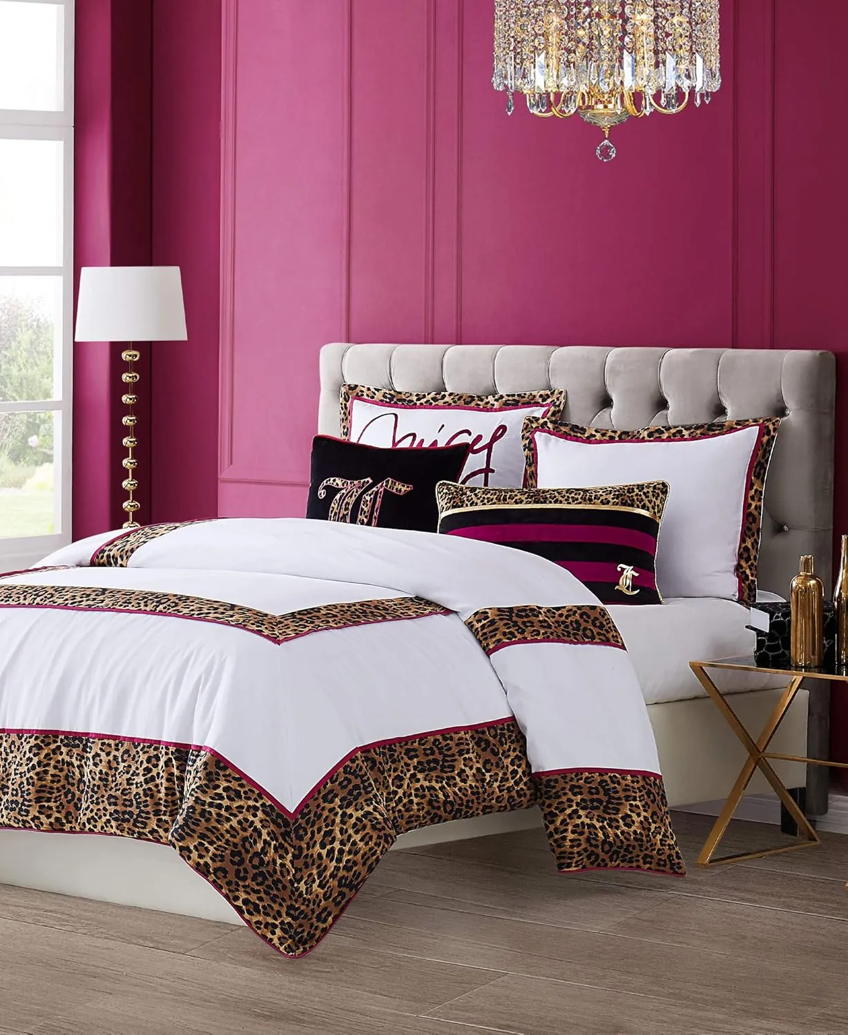 Juicy Couture Regent Leopard Bedding Set - King – Cheetah Print Border with Hot Pink- White Cotton Sateen 3 Piece Set - Includes (1) 108 x 92” Comforter and (2) 20" x 36" 2.5” Flange Shams