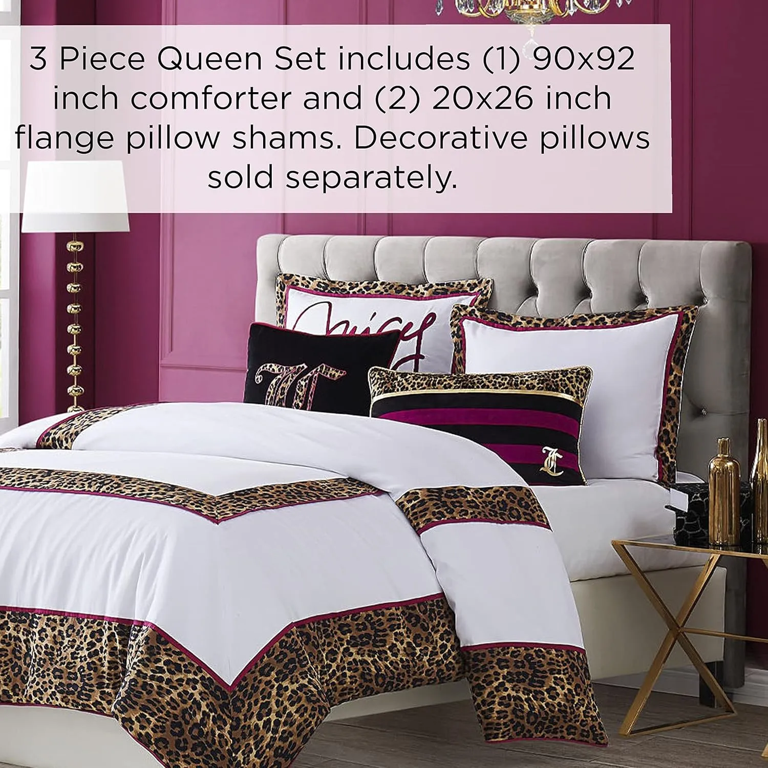Juicy Couture Regent Leopard Bedding Set - Queen – Cheetah Print Border - White Cotton Satin 3 Piece Set Includes (1) 90 x 92” Comforter and (2) 20" x 26" 2.5” Flange Shams