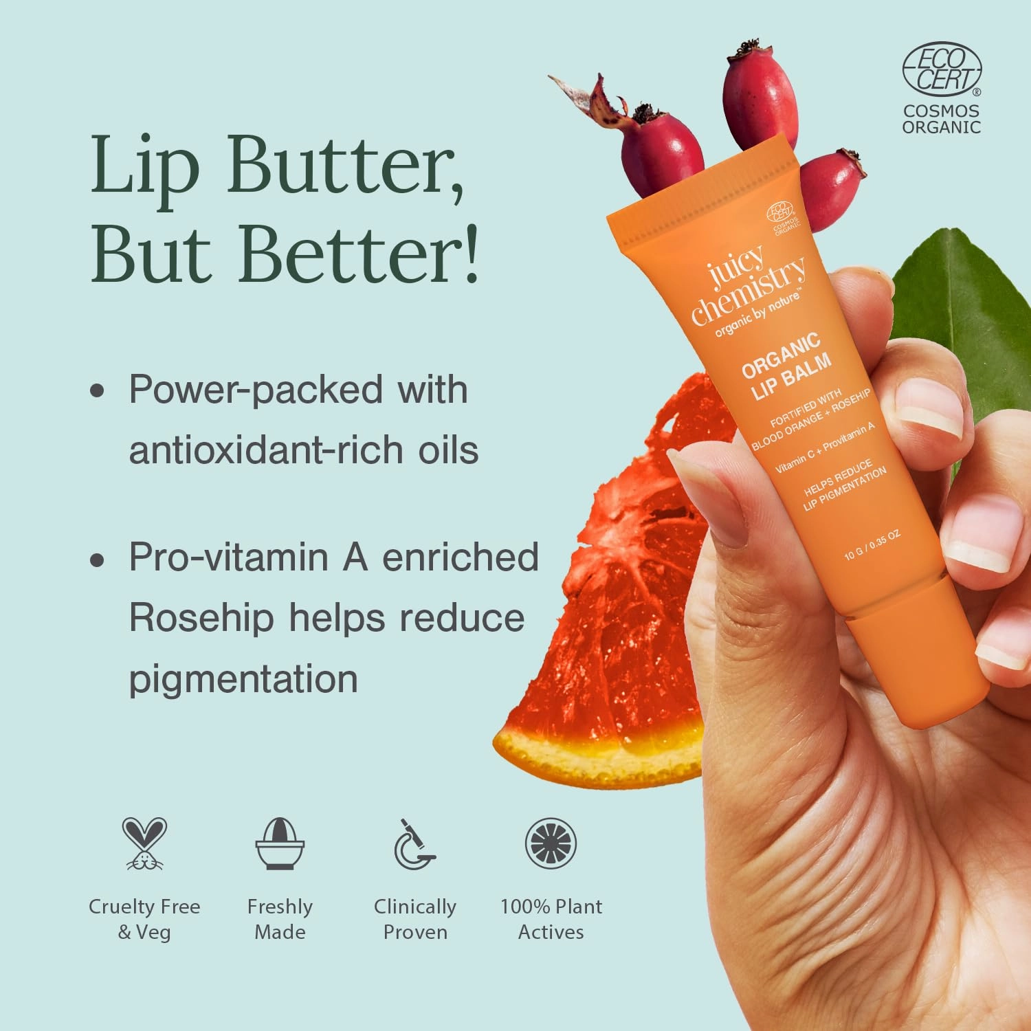 Juicy Chemistry Blood Orange & Rosehip Lipbalm, 10 g | Organic Lip Balm for Dark, Pigmented, Dry & Chapped Lips | Enriched with Vitamin A, C, E & Ceramides | Clinically Tested | For Men, Women & Kids