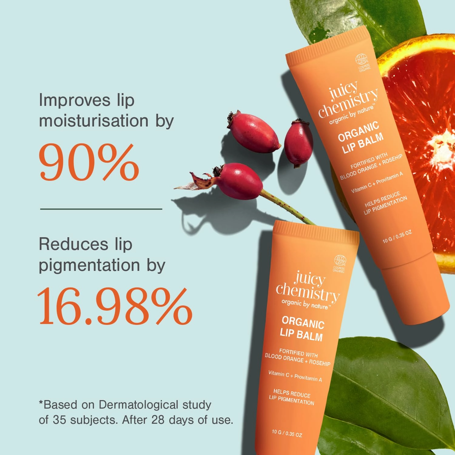 Juicy Chemistry Blood Orange & Rosehip Lipbalm, 10 g | Organic Lip Balm for Dark, Pigmented, Dry & Chapped Lips | Enriched with Vitamin A, C, E & Ceramides | Clinically Tested | For Men, Women & Kids