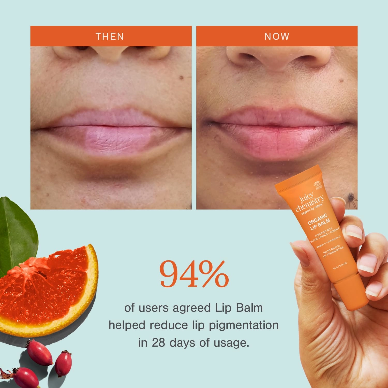 Juicy Chemistry Blood Orange & Rosehip Lipbalm, 10 g | Organic Lip Balm for Dark, Pigmented, Dry & Chapped Lips | Enriched with Vitamin A, C, E & Ceramides | Clinically Tested | For Men, Women & Kids