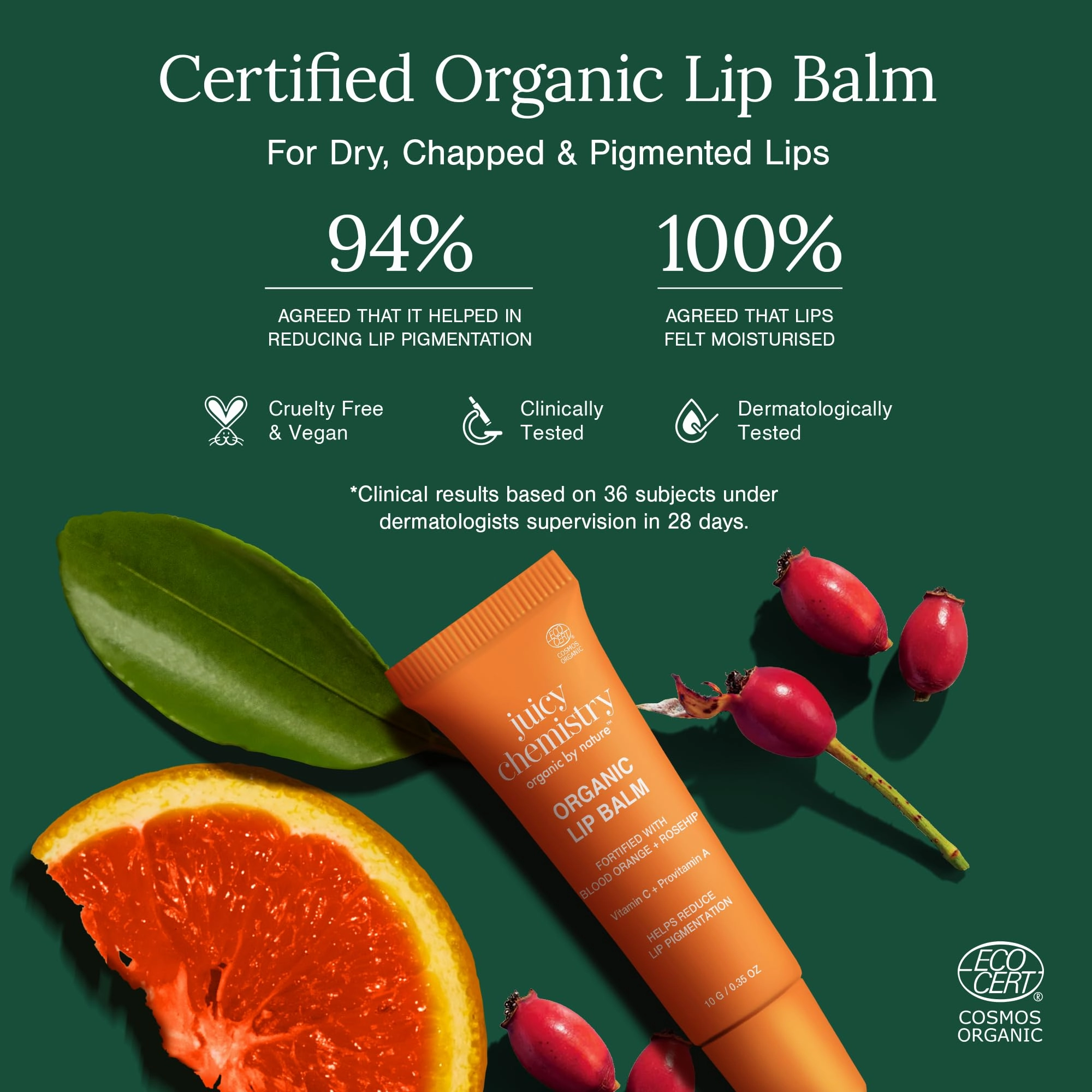 Juicy Chemistry Blood Orange & Rosehip Lipbalm, 10 g | Organic Lip Balm for Dark, Pigmented, Dry & Chapped Lips | Enriched with Vitamin A, C, E & Ceramides | Clinically Tested | For Men, Women & Kids
