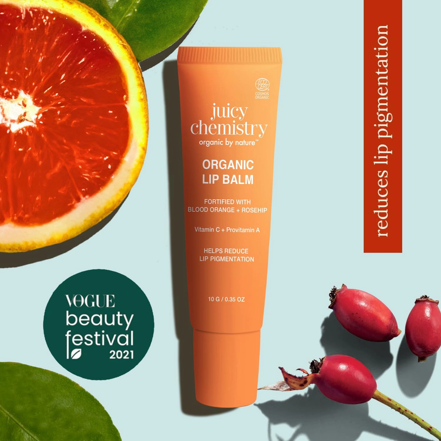Juicy Chemistry Blood Orange & Rosehip Lipbalm, 10 g | Organic Lip Balm for Dark, Pigmented, Dry & Chapped Lips | Enriched with Vitamin A, C, E & Ceramides | Clinically Tested | For Men, Women & Kids