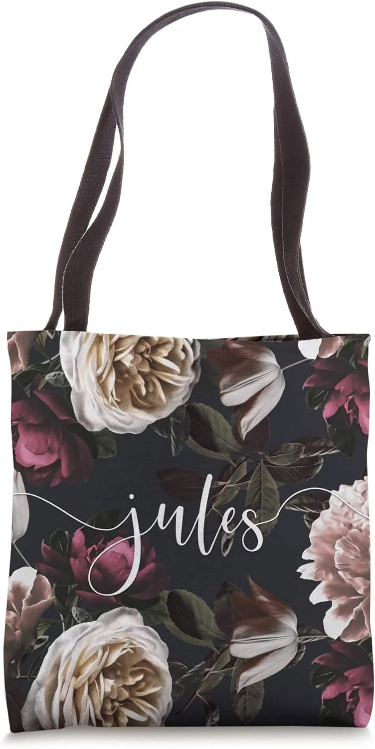 Jule - Elegant Floral Rose & Peony Personalized Name Tote Bag