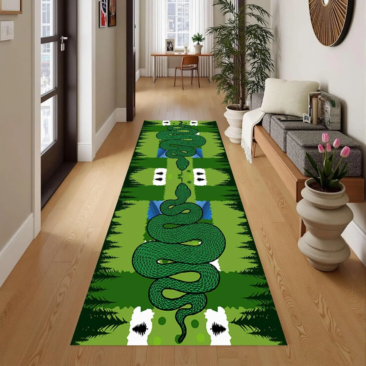 Jungle Snake Hallway Runner Rugs 2x7ft Forest Snake Design Non Slip Runner Rug Washable Ultra Thin Green Floor Carpet for Corridor Bedroom Bedside Runner Rug