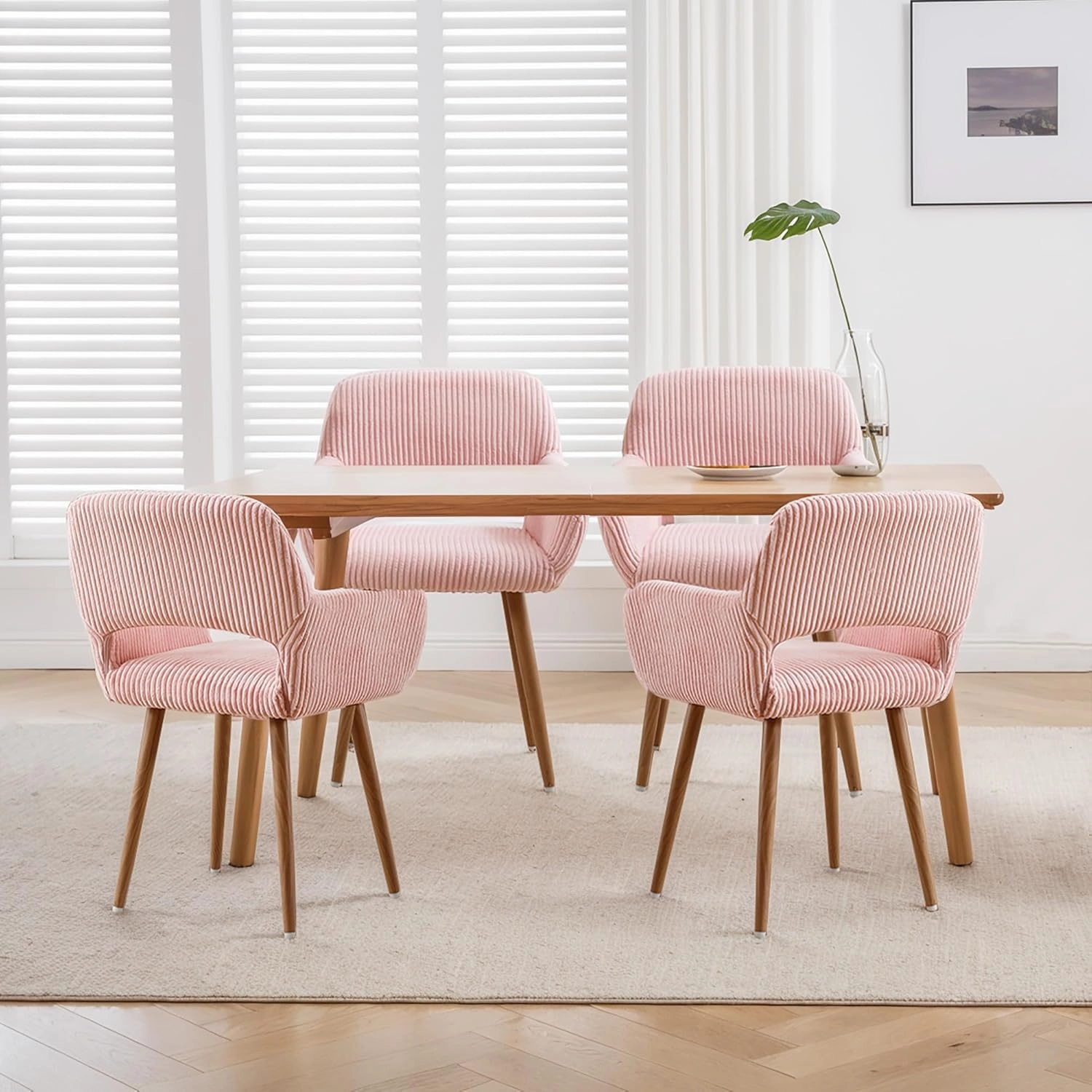 KCC Small Modern Dining Room Arm Chairs 1 Piece, Mid-Century Upholstered Corduroy Fabric Side Seat Club Guest with Metal Tube Legs for Kitchen, Living Room, Pink