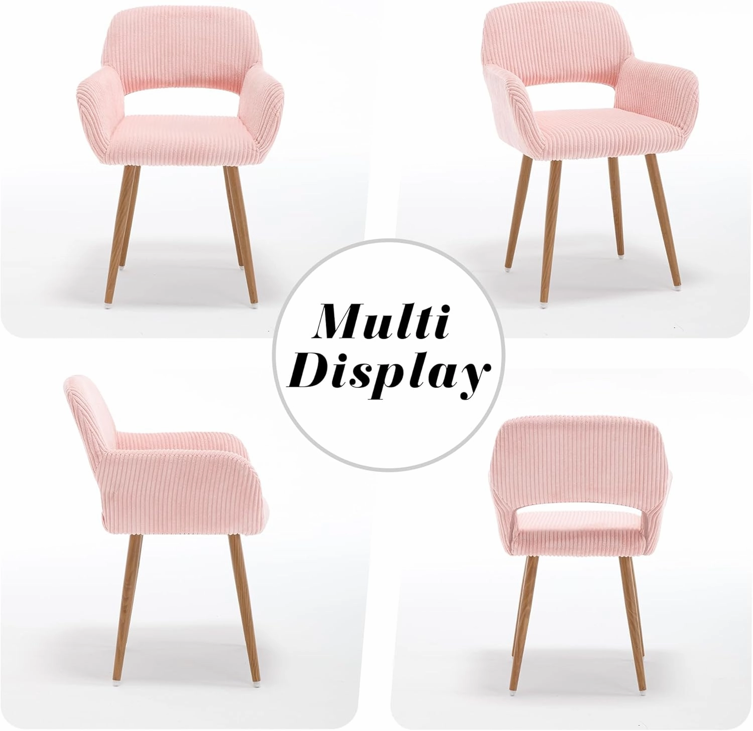 KCC Small Modern Dining Room Arm Chairs 1 Piece, Mid-Century Upholstered Corduroy Fabric Side Seat Club Guest with Metal Tube Legs for Kitchen, Living Room, Pink