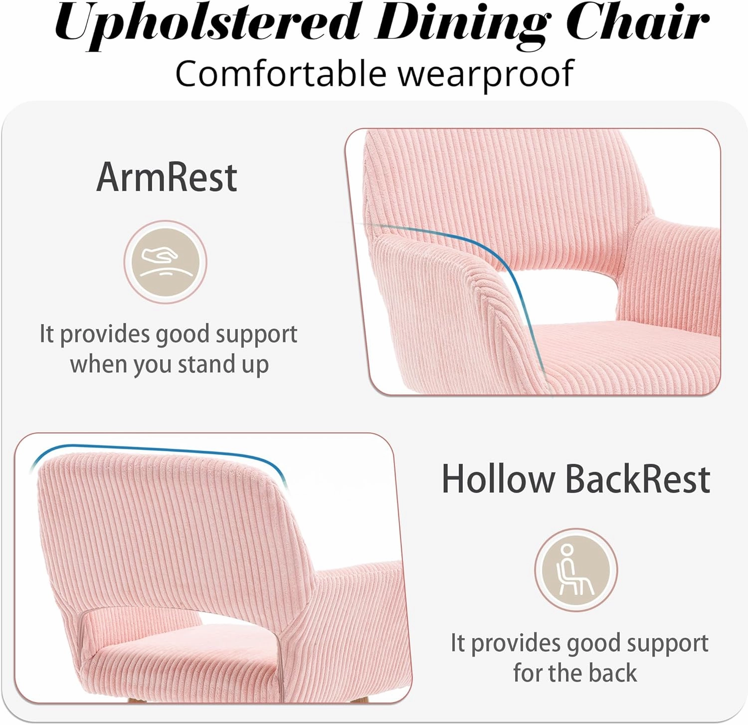 KCC Small Modern Dining Room Arm Chairs 1 Piece, Mid-Century Upholstered Corduroy Fabric Side Seat Club Guest with Metal Tube Legs for Kitchen, Living Room, Pink