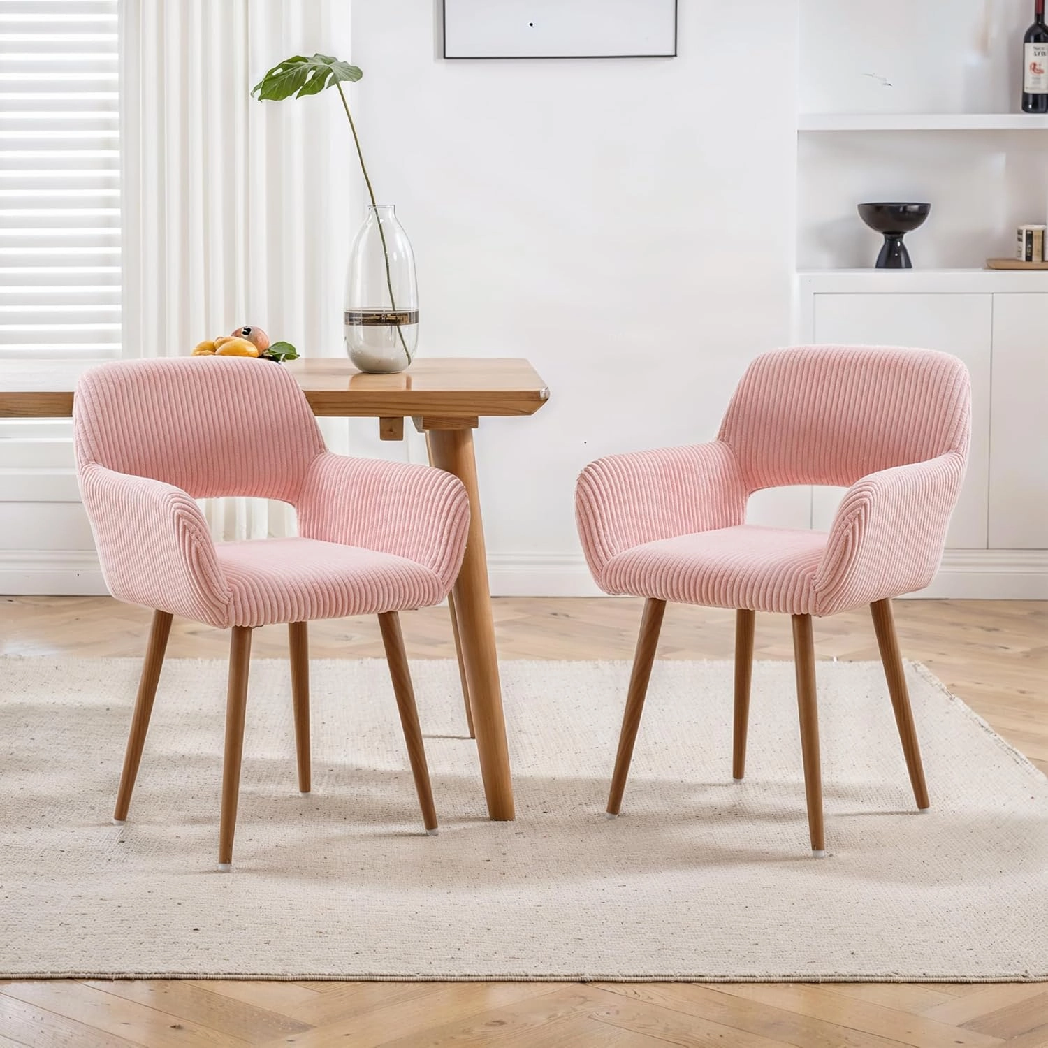 KCC Small Modern Dining Room Arm Chairs 1 Piece, Mid-Century Upholstered Corduroy Fabric Side Seat Club Guest with Metal Tube Legs for Kitchen, Living Room, Pink