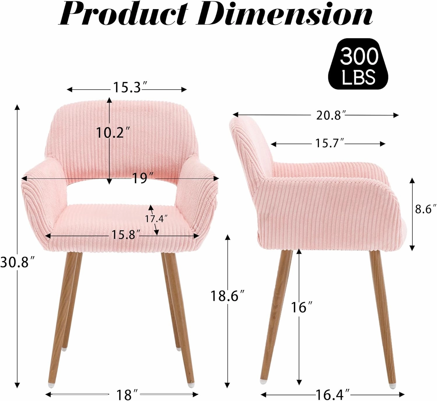KCC Small Modern Dining Room Arm Chairs 1 Piece, Mid-Century Upholstered Corduroy Fabric Side Seat Club Guest with Metal Tube Legs for Kitchen, Living Room, Pink