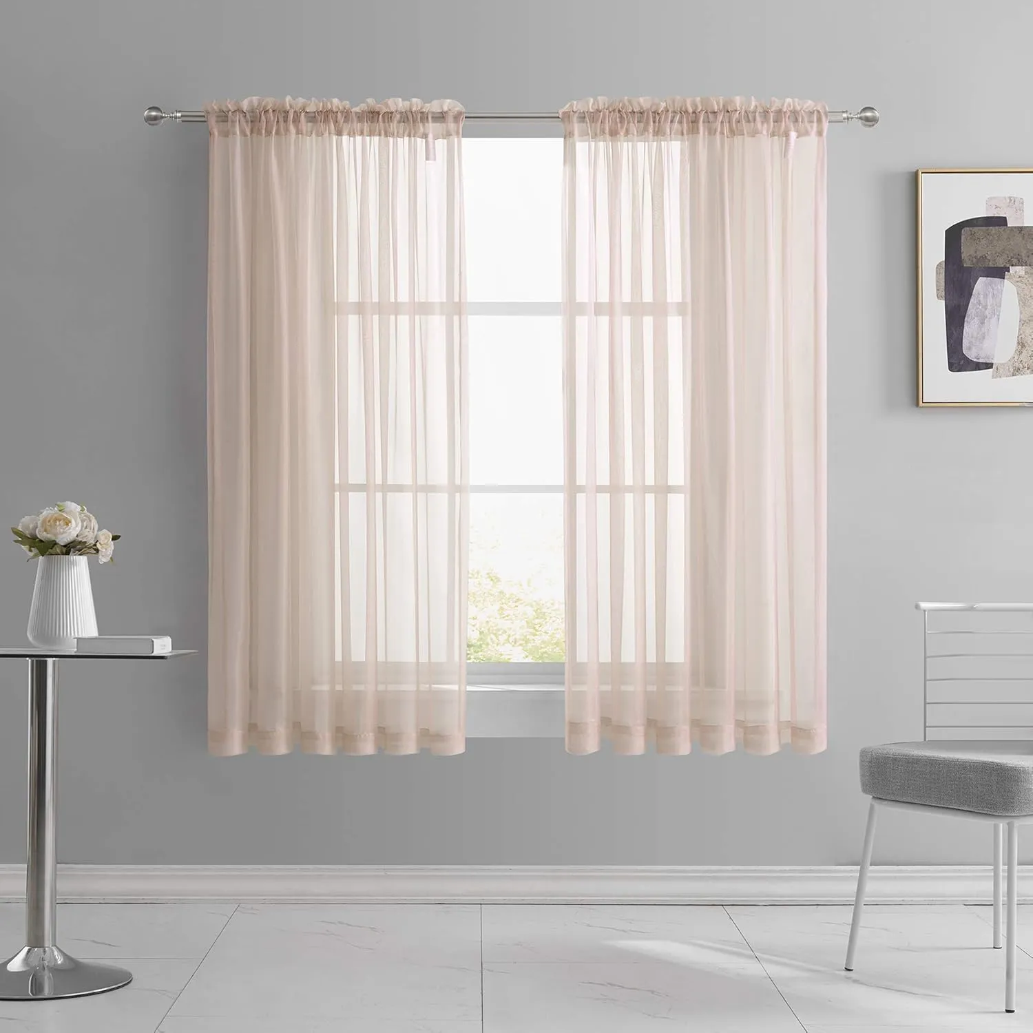KEQIAOSUOCAI Blush Pink Sheer Curtains 45 Inches Long for Kitchen Bathroom - Rod Pocket Solid Voile Sheer Window Panels Drapes for Nursery, Rose Blush, 1 Pair Sets, 52 Inch x 45 Inch