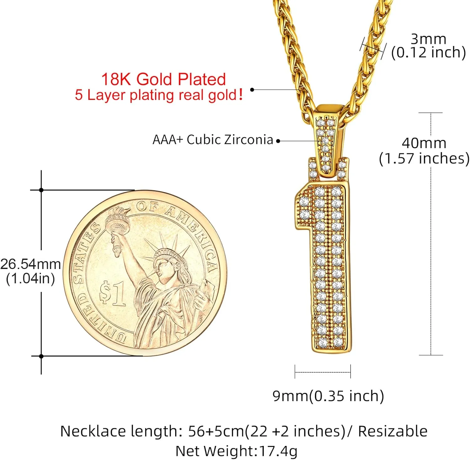 KeyStyle Number Necklaces For Men, Bling Numbers Chain Necklace Hip Hop Simulated Diamond Pendant with Tennis Chain Spiga Chains