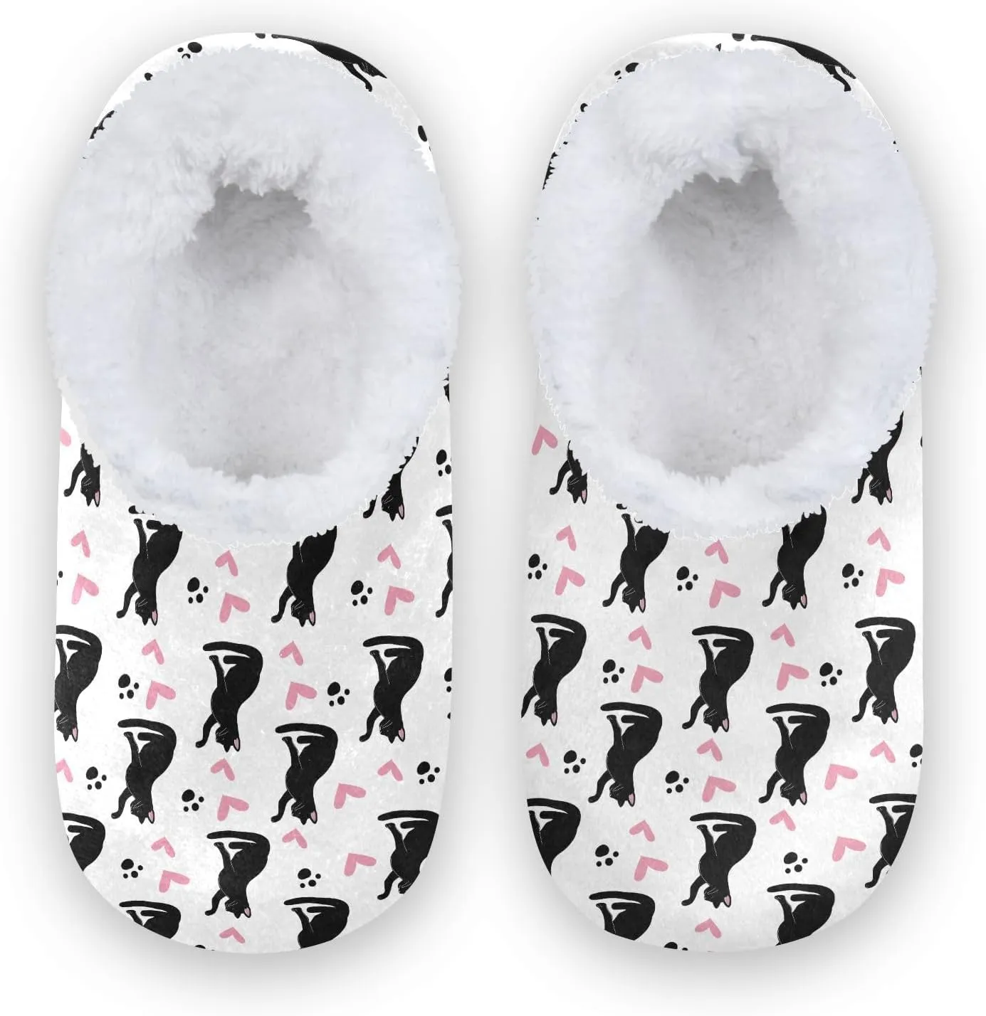 Kids Winter Slippers Black Cat Pink Hearts Animal Paw Prints Warm Soft Non Slip House Slippers for Boys Girls Indoor