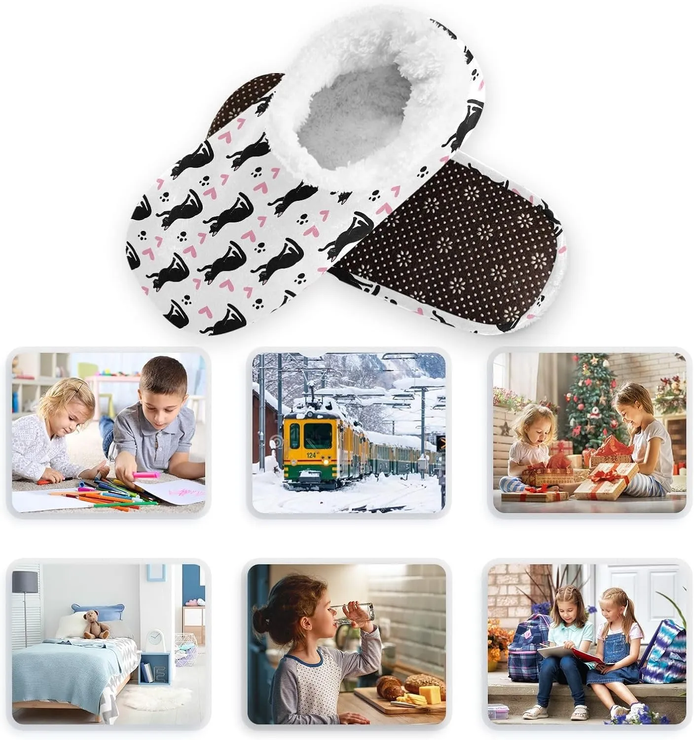 Kids Winter Slippers Black Cat Pink Hearts Animal Paw Prints Warm Soft Non Slip House Slippers for Boys Girls Indoor