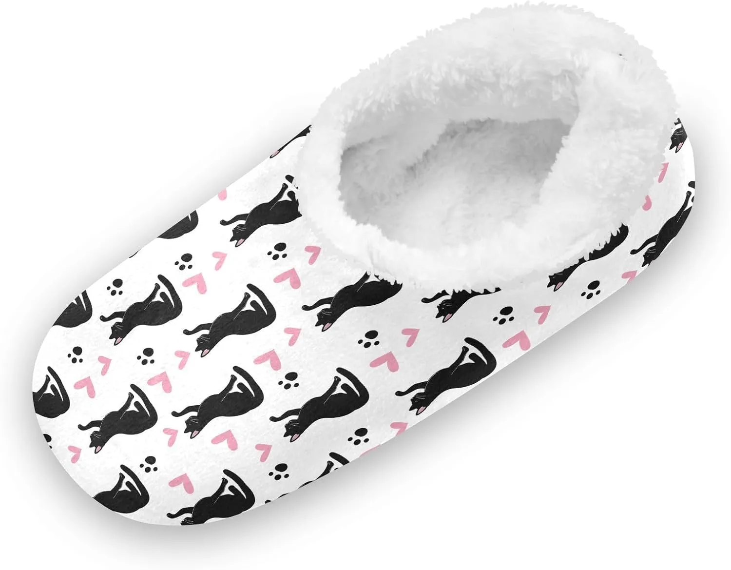 Kids Winter Slippers Black Cat Pink Hearts Animal Paw Prints Warm Soft Non Slip House Slippers for Boys Girls Indoor