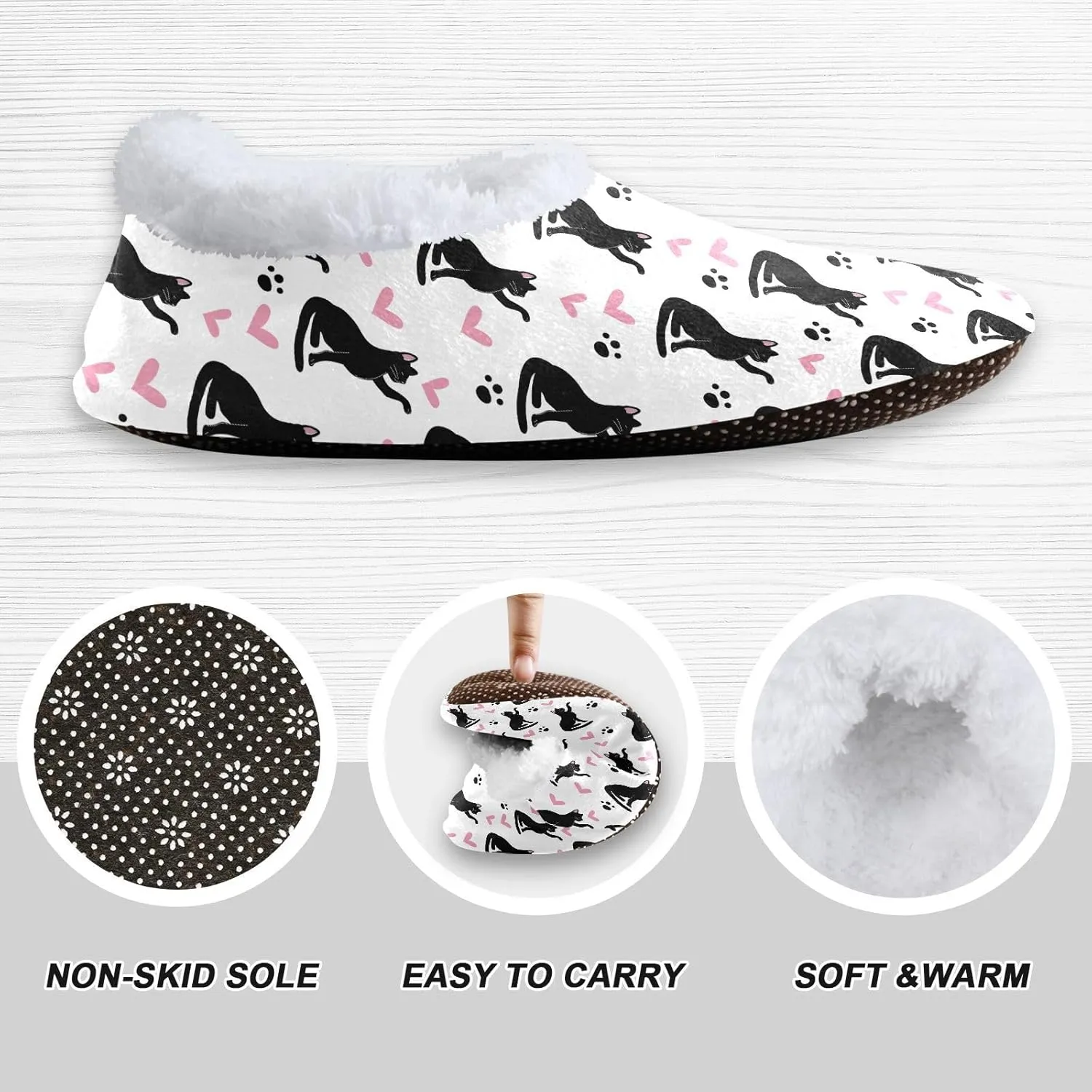 Kids Winter Slippers Black Cat Pink Hearts Animal Paw Prints Warm Soft Non Slip House Slippers for Boys Girls Indoor