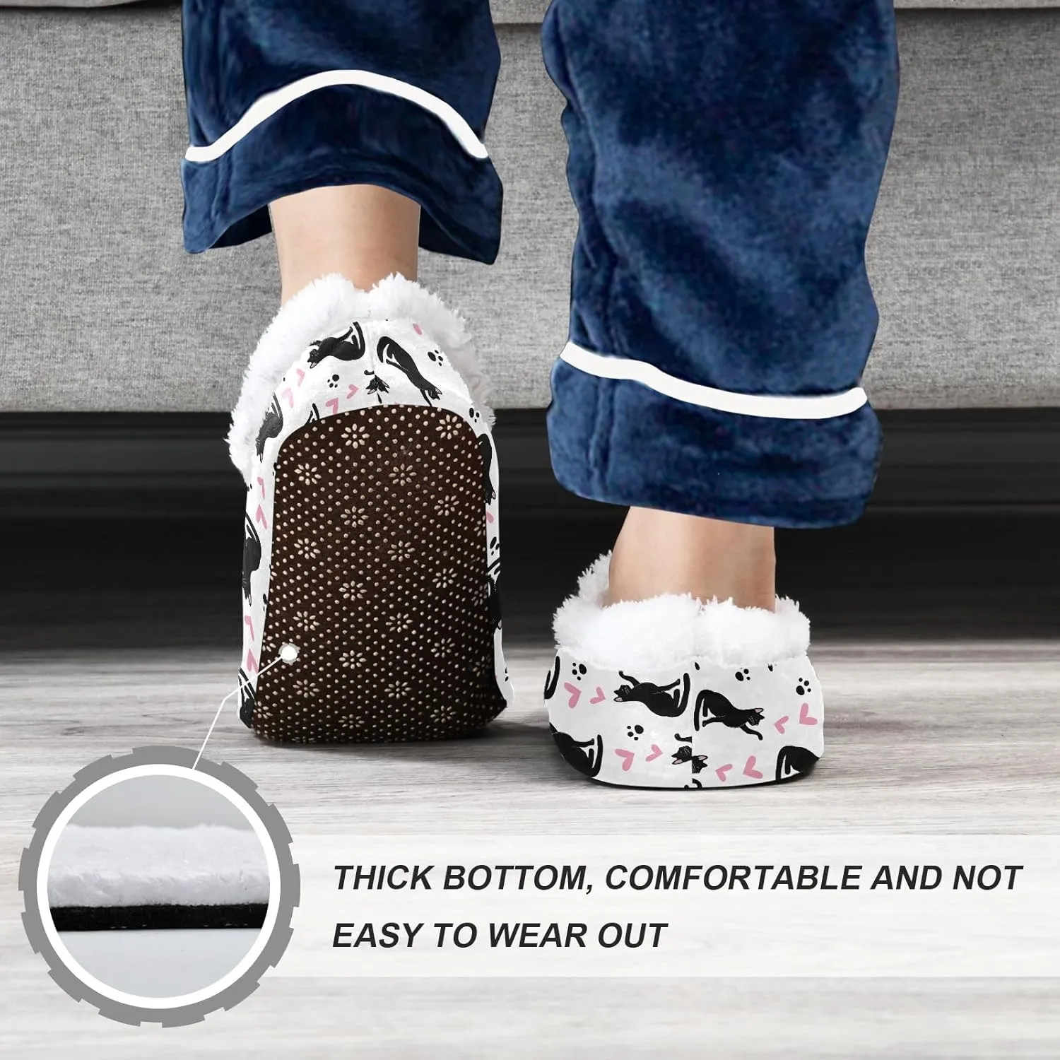 Kids Winter Slippers Black Cat Pink Hearts Animal Paw Prints Warm Soft Non Slip House Slippers for Boys Girls Indoor