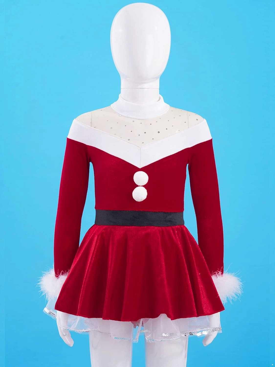 Kids Girls Christmas Mrs Santa Claus Costume Velvet Long Sleeve Dance Figure Ice Skating Faux Fur Dress
