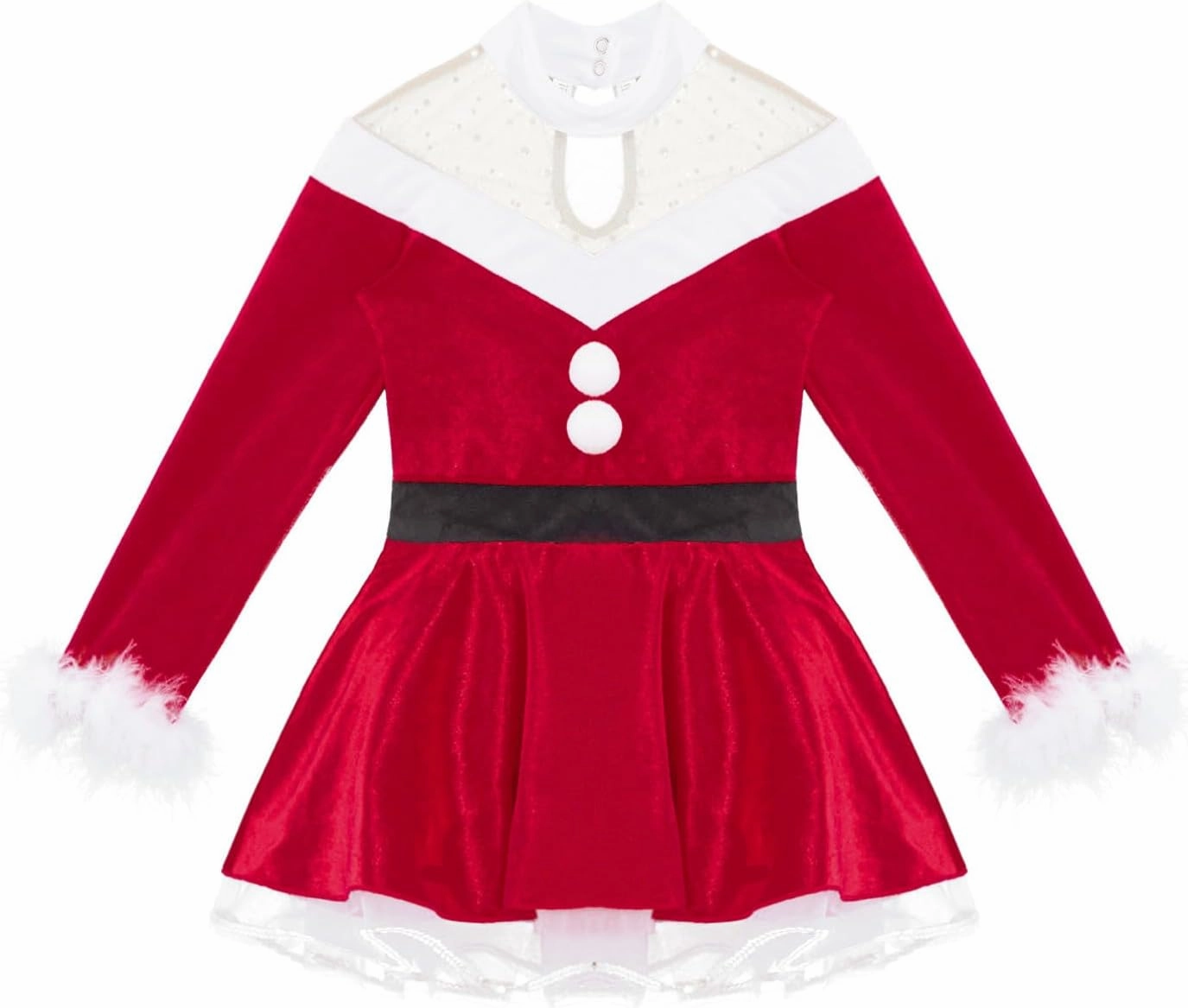 Kids Girls Christmas Mrs Santa Claus Costume Velvet Long Sleeve Dance Figure Ice Skating Faux Fur Dress