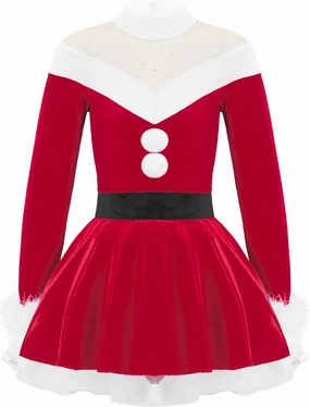 Kids Girls Christmas Mrs Santa Claus Costume Velvet Long Sleeve Dance Figure Ice Skating Faux Fur Dress