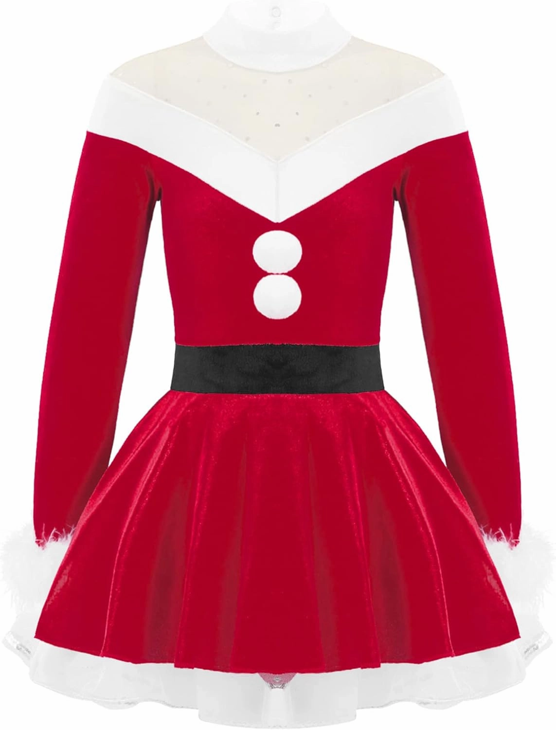 Kids Girls Christmas Mrs Santa Claus Costume Velvet Long Sleeve Dance Figure Ice Skating Faux Fur Dress