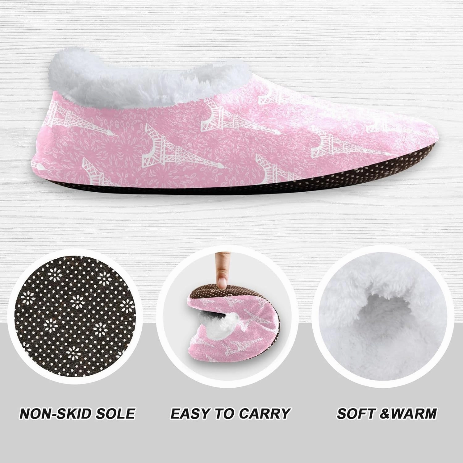Kids Winter Slippers White Paris Eiffel Tower Pink Leaf Warm Soft Non Slip House Slippers for Boys Girls Indoor