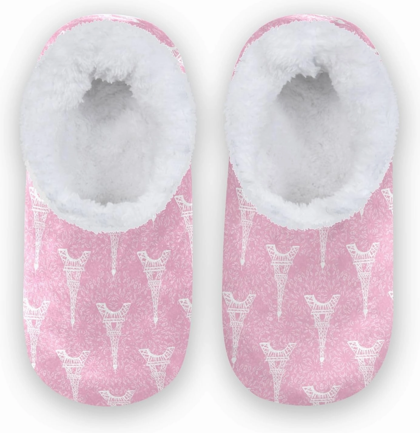 Kids Winter Slippers White Paris Eiffel Tower Pink Leaf Warm Soft Non Slip House Slippers for Boys Girls Indoor