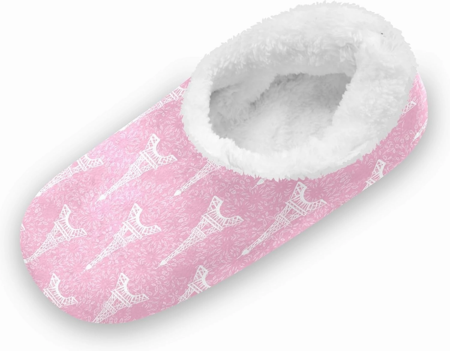 Kids Winter Slippers White Paris Eiffel Tower Pink Leaf Warm Soft Non Slip House Slippers for Boys Girls Indoor
