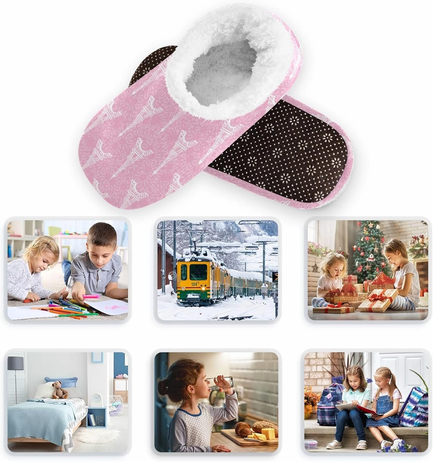 Kids Winter Slippers White Paris Eiffel Tower Pink Leaf Warm Soft Non Slip House Slippers for Boys Girls Indoor