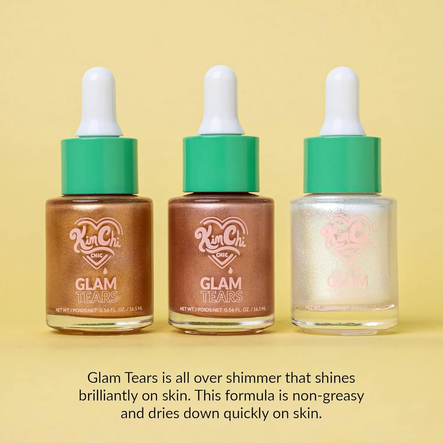 KimChi Chic Beauty Glam Tears Liquid Highlighter, Cheek Shimmer and Body Glitter, Sun-Kissed and Glowing Skin, Luminous Finish, Vegan Makeup, Gold Highlighter, 0.56 fl oz