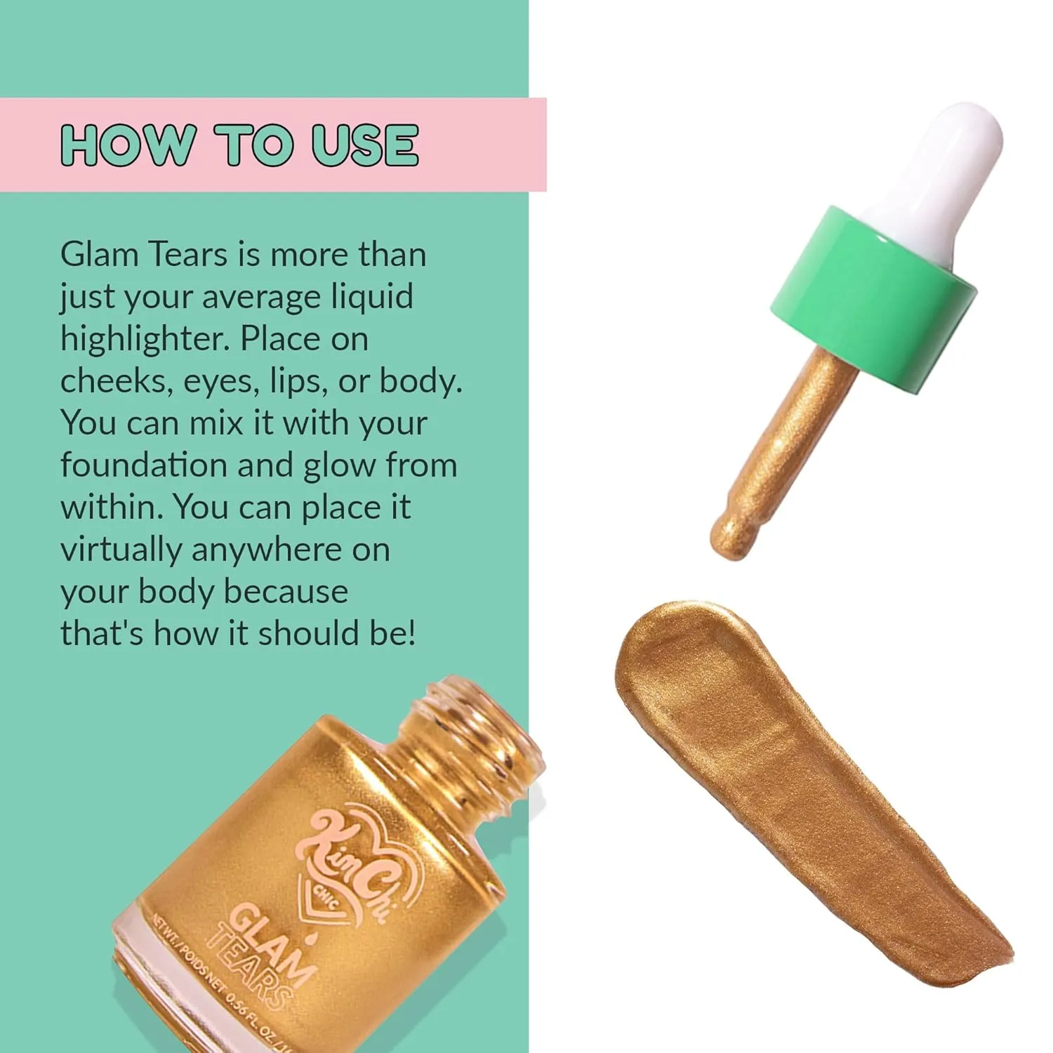 KimChi Chic Beauty Glam Tears Liquid Highlighter, Cheek Shimmer and Body Glitter, Sun-Kissed and Glowing Skin, Luminous Finish, Vegan Makeup, Gold Highlighter, 0.56 fl oz