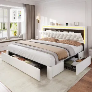 King Size Bed Frame with 3 XL Drawers, Headboard with Storage Cubby, Power Outlet Type-C/A, Velvet Upholstered King Platform Bed, No Box Spring Needed, Easy Assembly, Creamy White