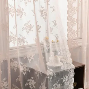 Kotile Blush Pink Lace Curtains for Bedroom Girls - Rustic Floral Blush Sheer Curtains 63 Inch Length for Girls Room, Scalloped Floral Sheer Lace Window Curtain, 52 x 63 Inch, 2 Panels