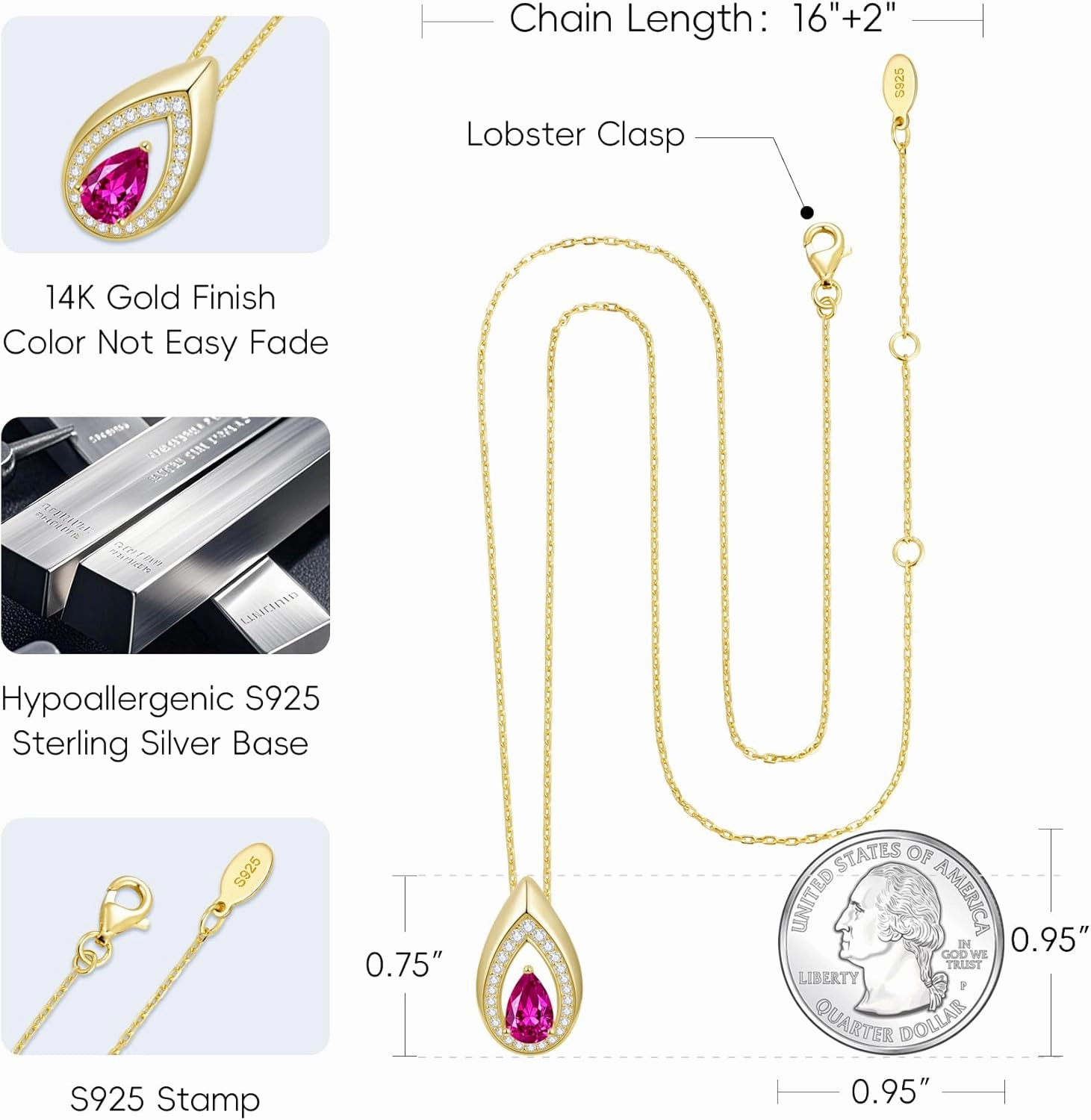 Kstyle 14K Gold Birthstone Pendant Necklaces for Women, Wife Girlfriend Daughter Mom Grandma Gifts, Dainty Birthday Jewelry for Her (925 Sterling Silver Base)