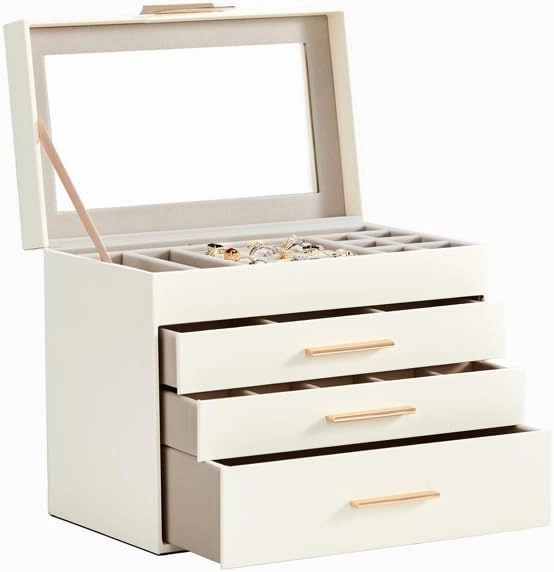 Large Jewelry Box with Mirror,4-Tier Leather Jewelry Organizer with 3 Drawers,Multifunctional Storage Case Jewelry Organizer for Bracelets,Earrings,Rings,Necklaces,Mothers Day Christmas Gift for Women