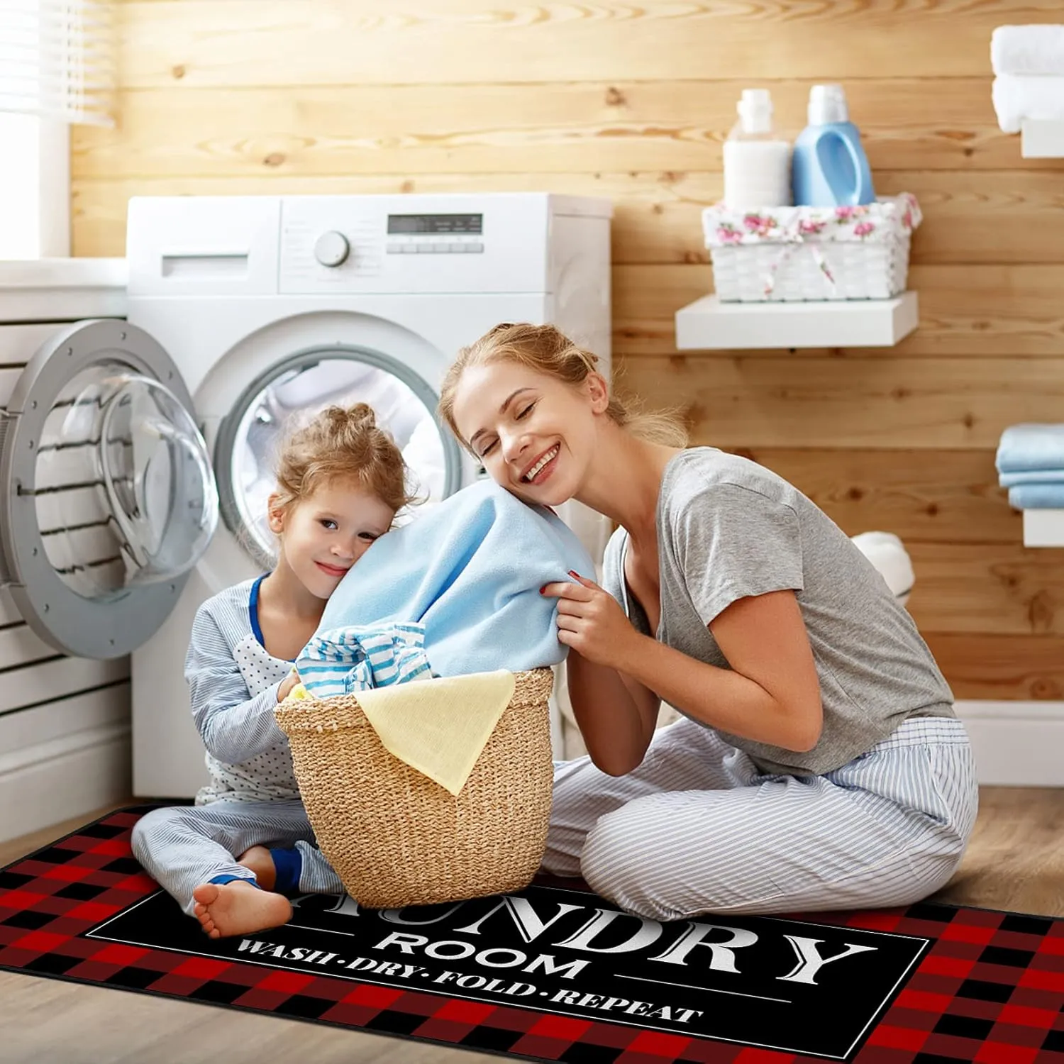 Laundry Room Rug Runner Non Slip Laundry Mats Mudroom Laundromat Runner Farmhouse Kitchen Floor Mat Bathroom Laundry Room Decor Accessories(20 X 47 inch, Red Buffalo Plaid)