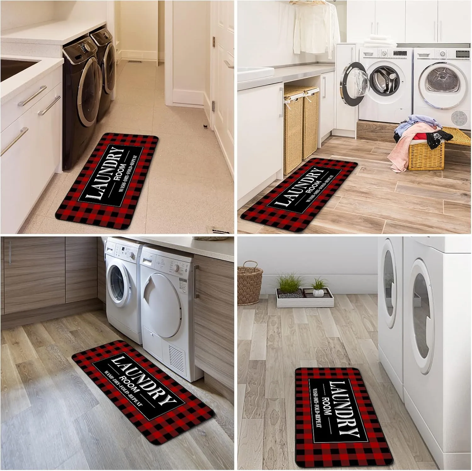 Laundry Room Rug Runner Non Slip Laundry Mats Mudroom Laundromat Runner Farmhouse Kitchen Floor Mat Bathroom Laundry Room Decor Accessories(20 X 47 inch, Red Buffalo Plaid)