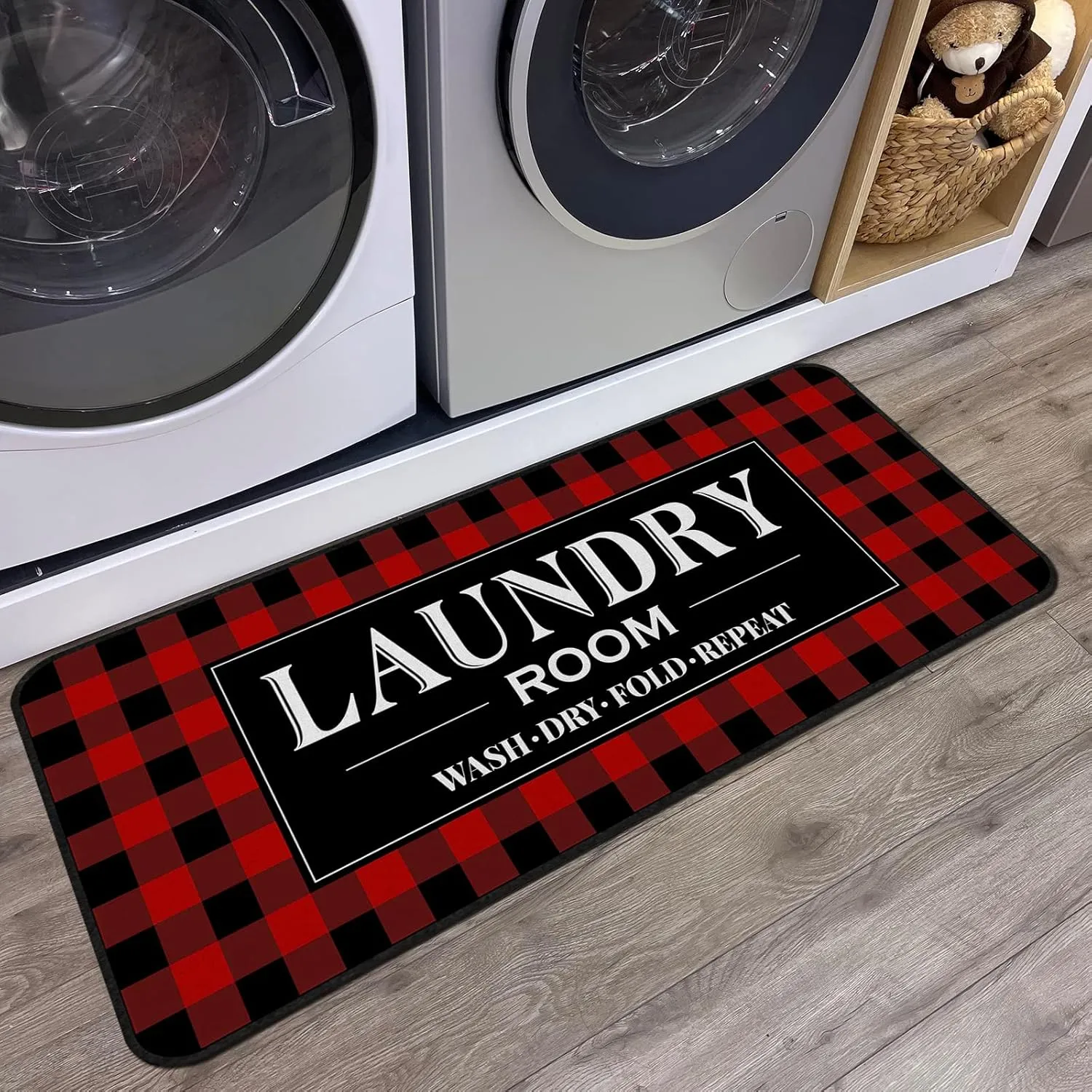 Laundry Room Rug Runner Non Slip Laundry Mats Mudroom Laundromat Runner Farmhouse Kitchen Floor Mat Bathroom Laundry Room Decor Accessories(20 X 47 inch, Red Buffalo Plaid)