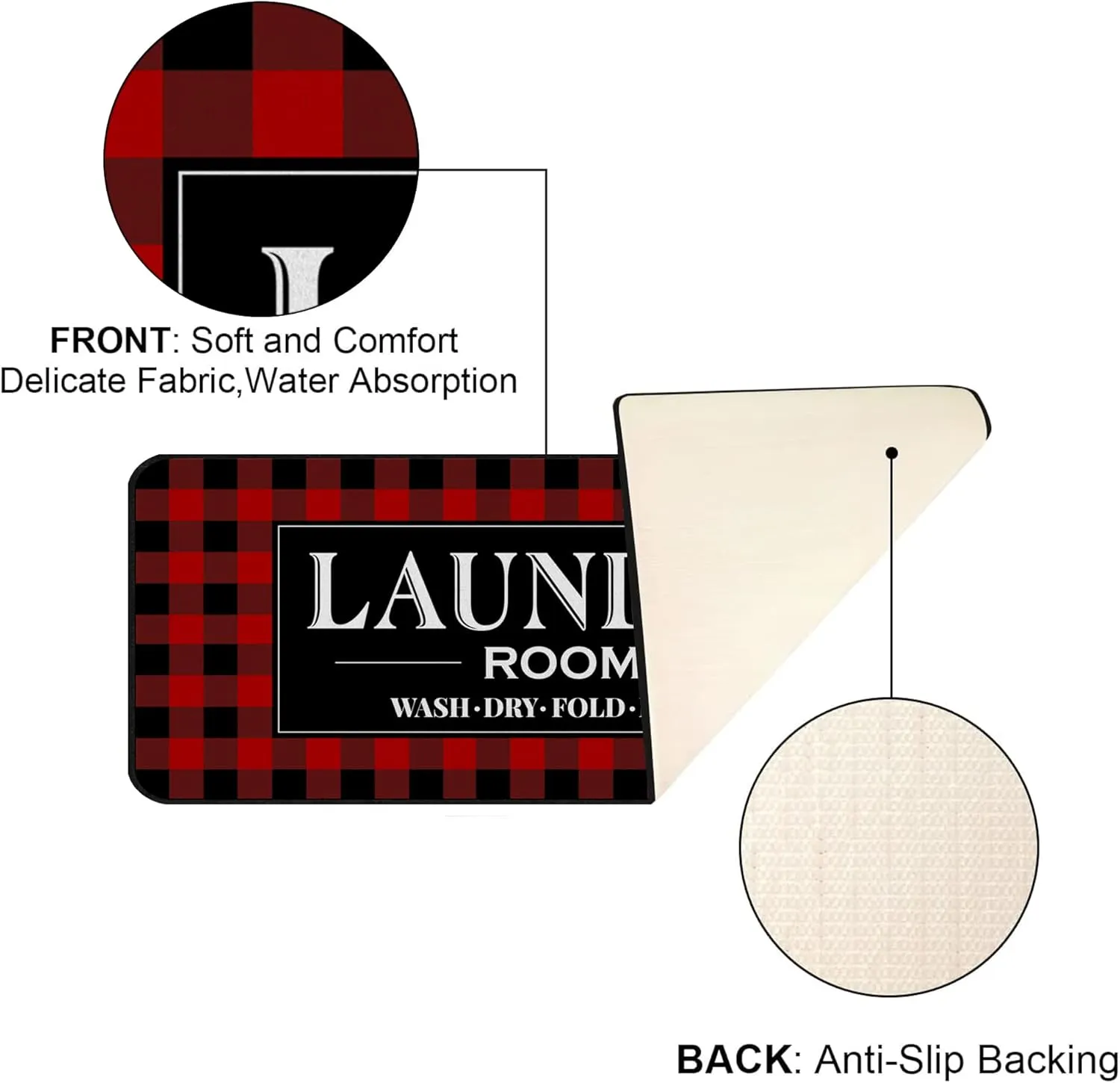 Laundry Room Rug Runner Non Slip Laundry Mats Mudroom Laundromat Runner Farmhouse Kitchen Floor Mat Bathroom Laundry Room Decor Accessories(20 X 47 inch, Red Buffalo Plaid)