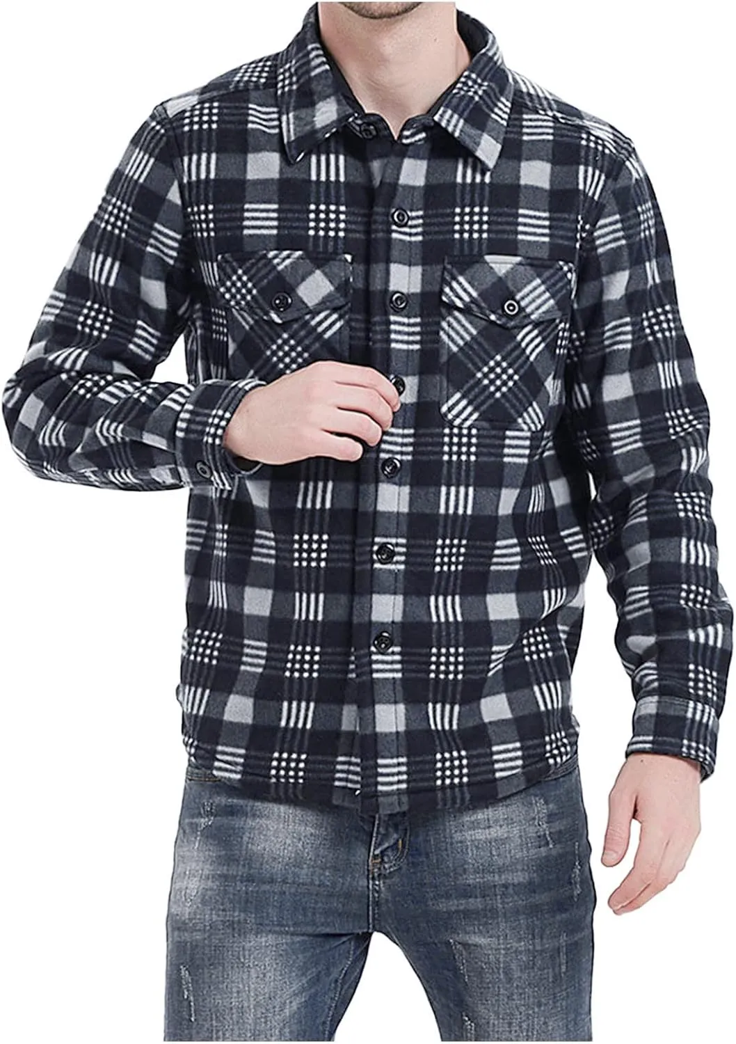 LCMTWX Men's Flannel Jackets Large Plaid Lapel Pocket Plus Velvet Coat Shirt Top Coat with Zipper with Hood for
